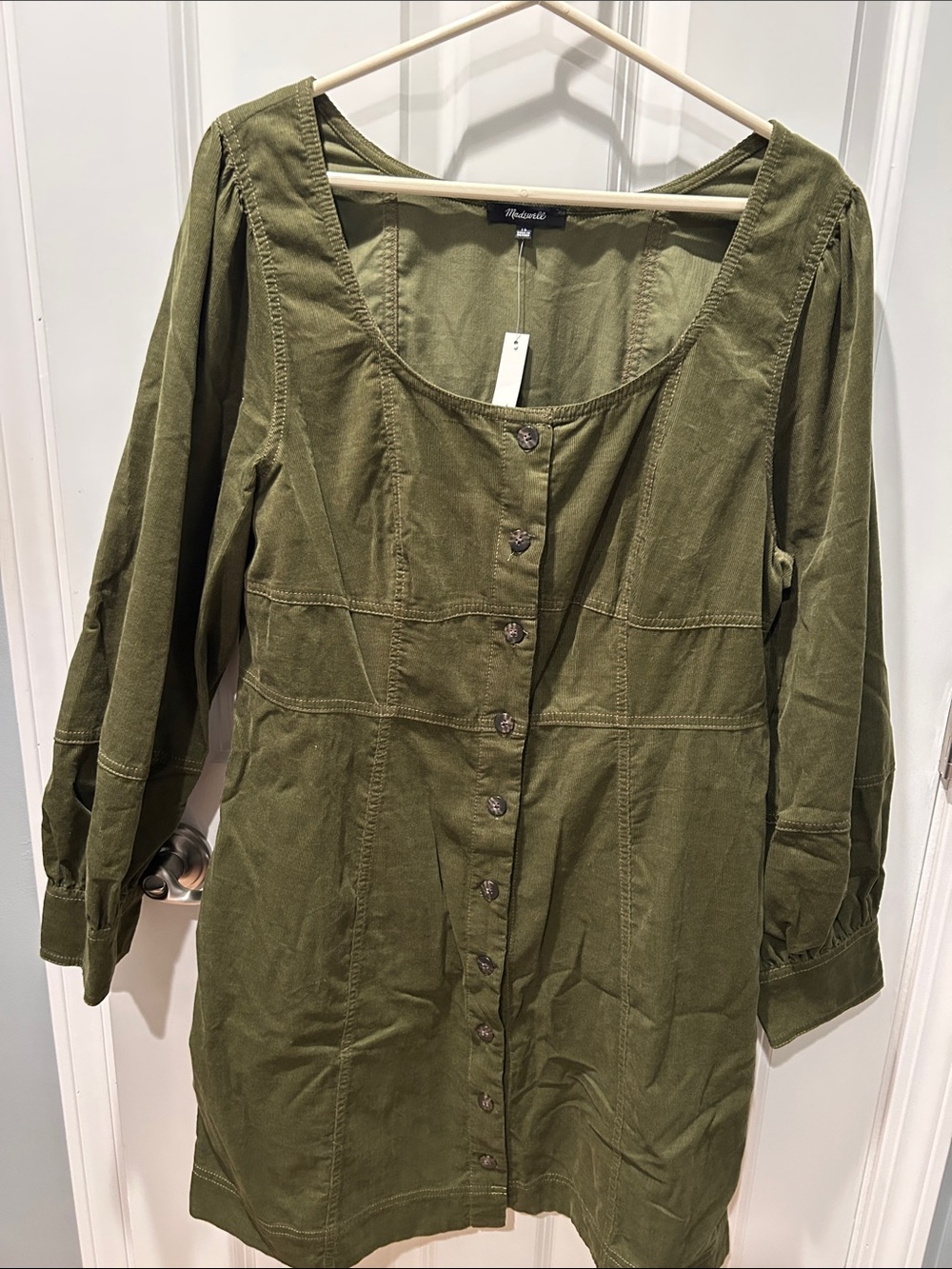 Madewell Olive Green Button-Front Long Sleeve Corduroy Dress NWT